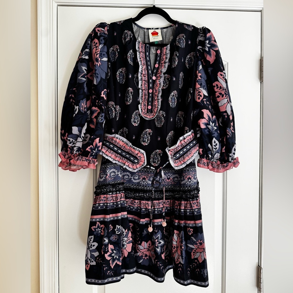 FARM Rio Black Floral Mini Dress with Pink & Navy Accents